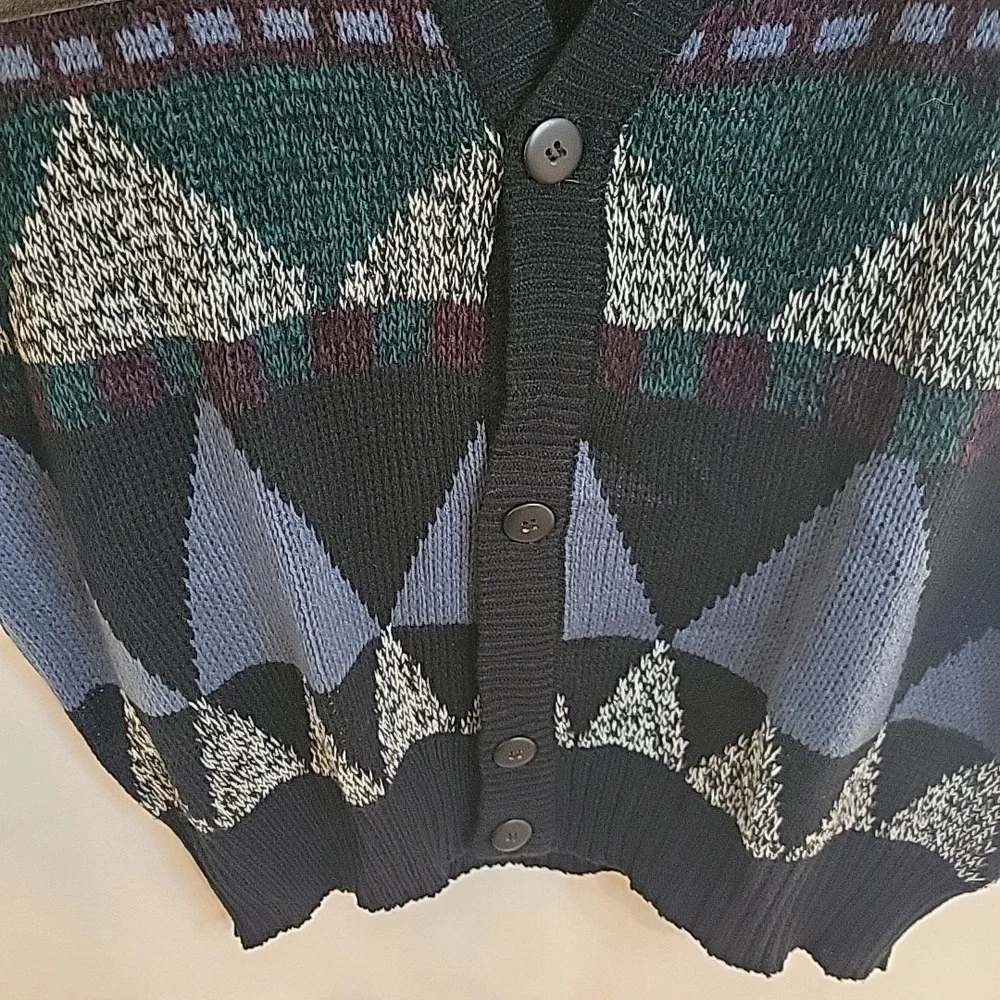 Impact Vintage 80s Button Up Sweater Vest Geometric Grandpa Leather Trim Men's L